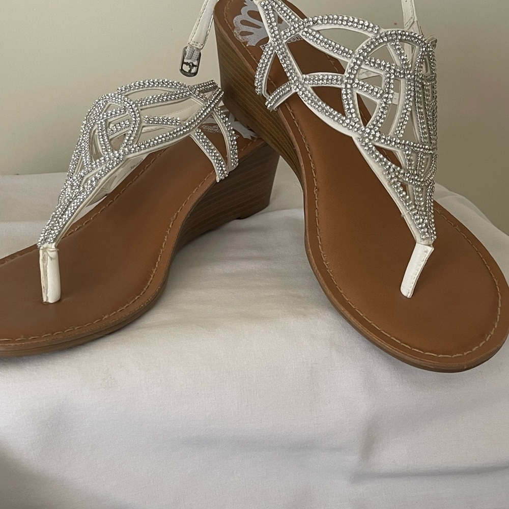 Fergalicious White and Brown Sandals with Rhinestone Embellishments